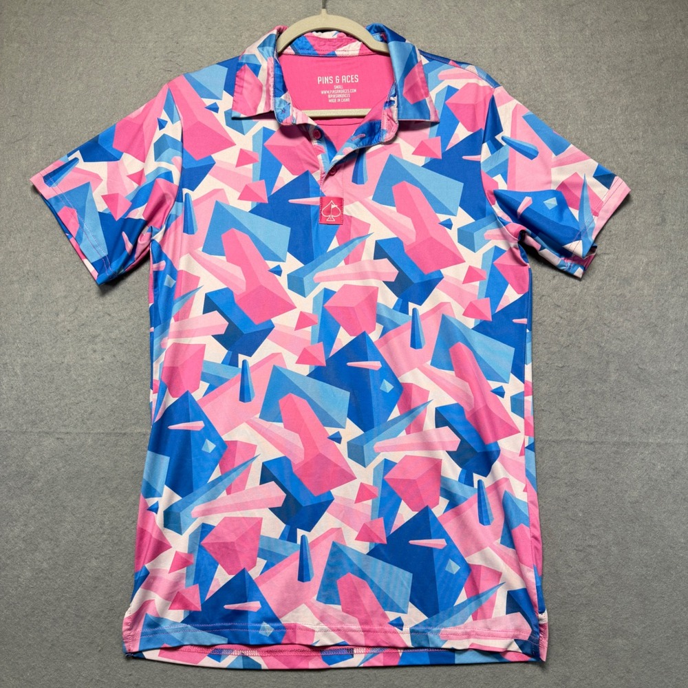 Pins & Aces Mens Small Pink Blue Geometric Crystal Performance Golf Polo Shirt